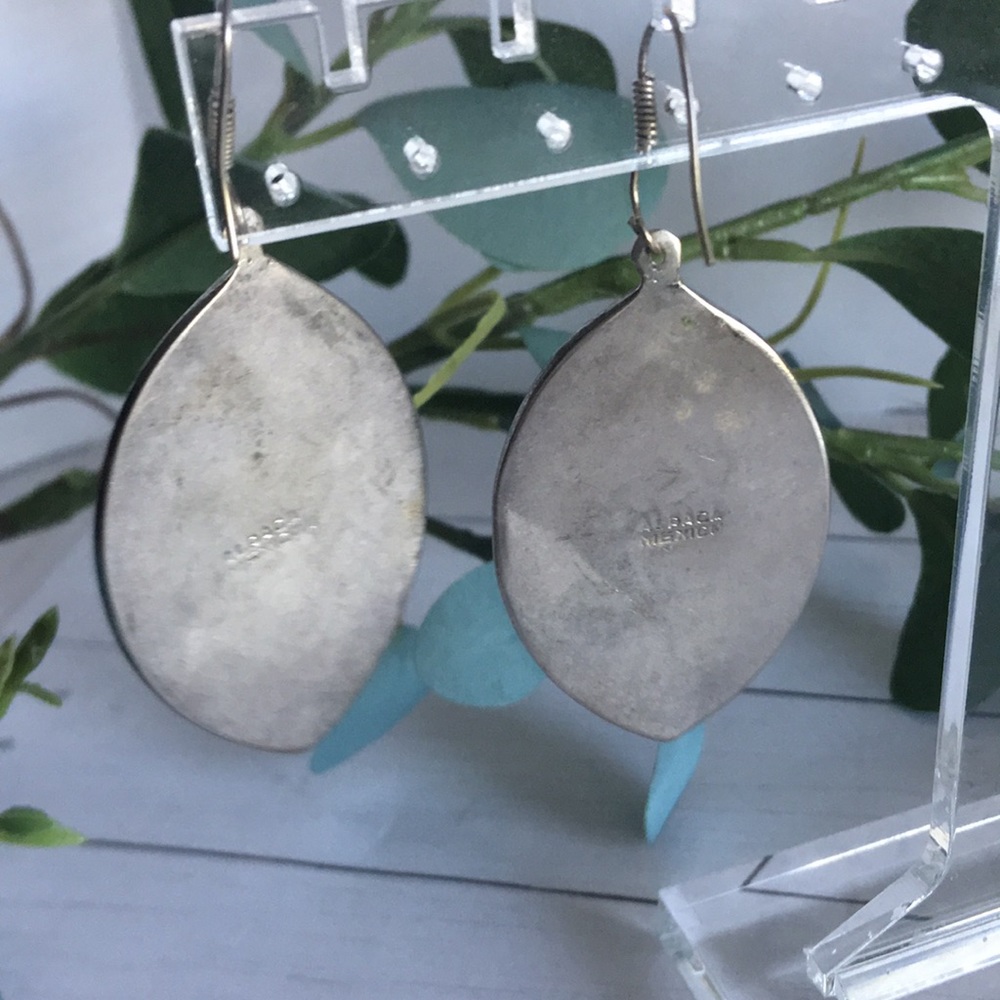 Vintage Alpaca Mexican Silver Inlay French Wire Earrings (Estate Find) - Picture 6 of 12